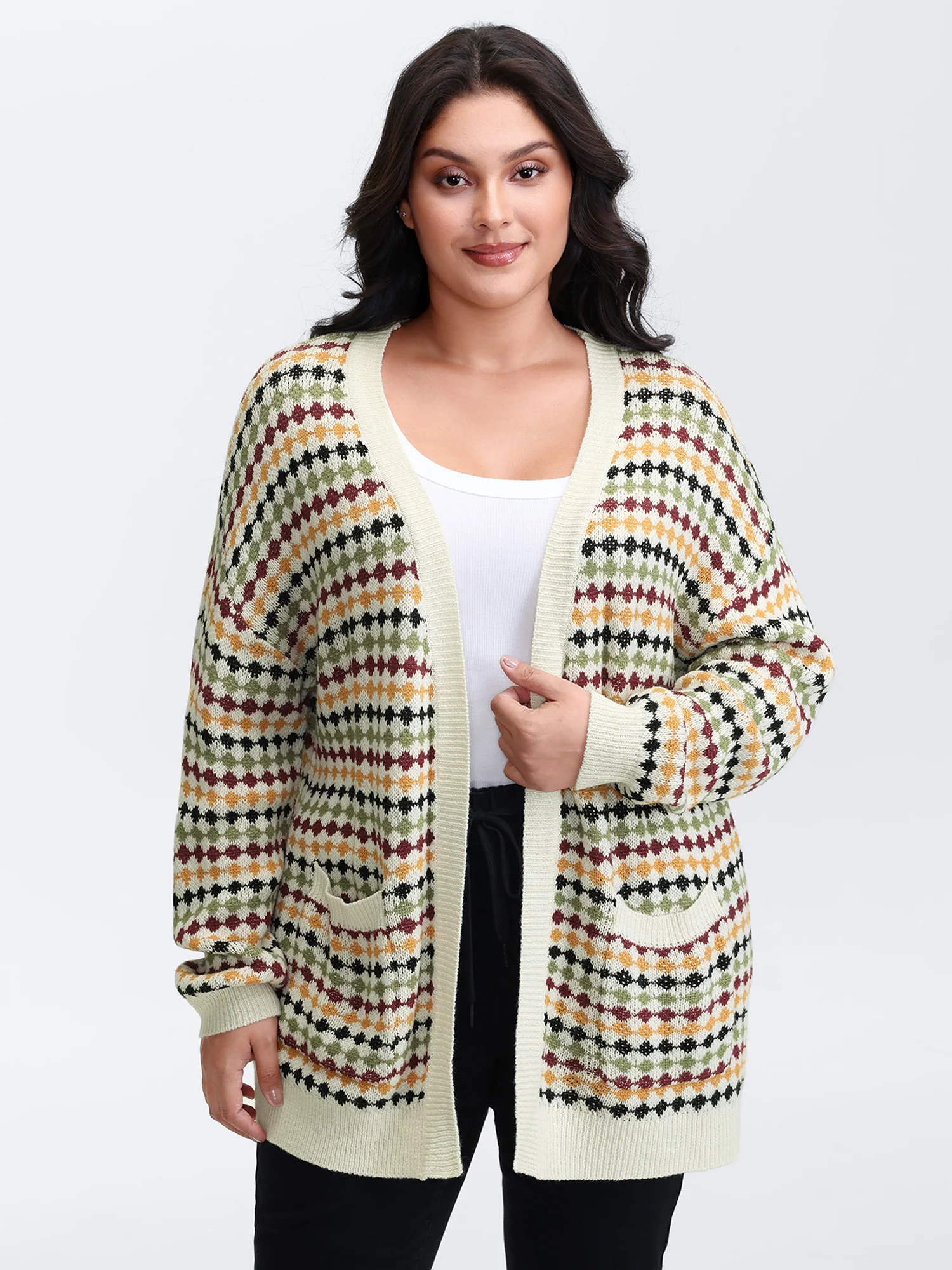 Colorful Dots Open-Front Pockets Knit Cardigan