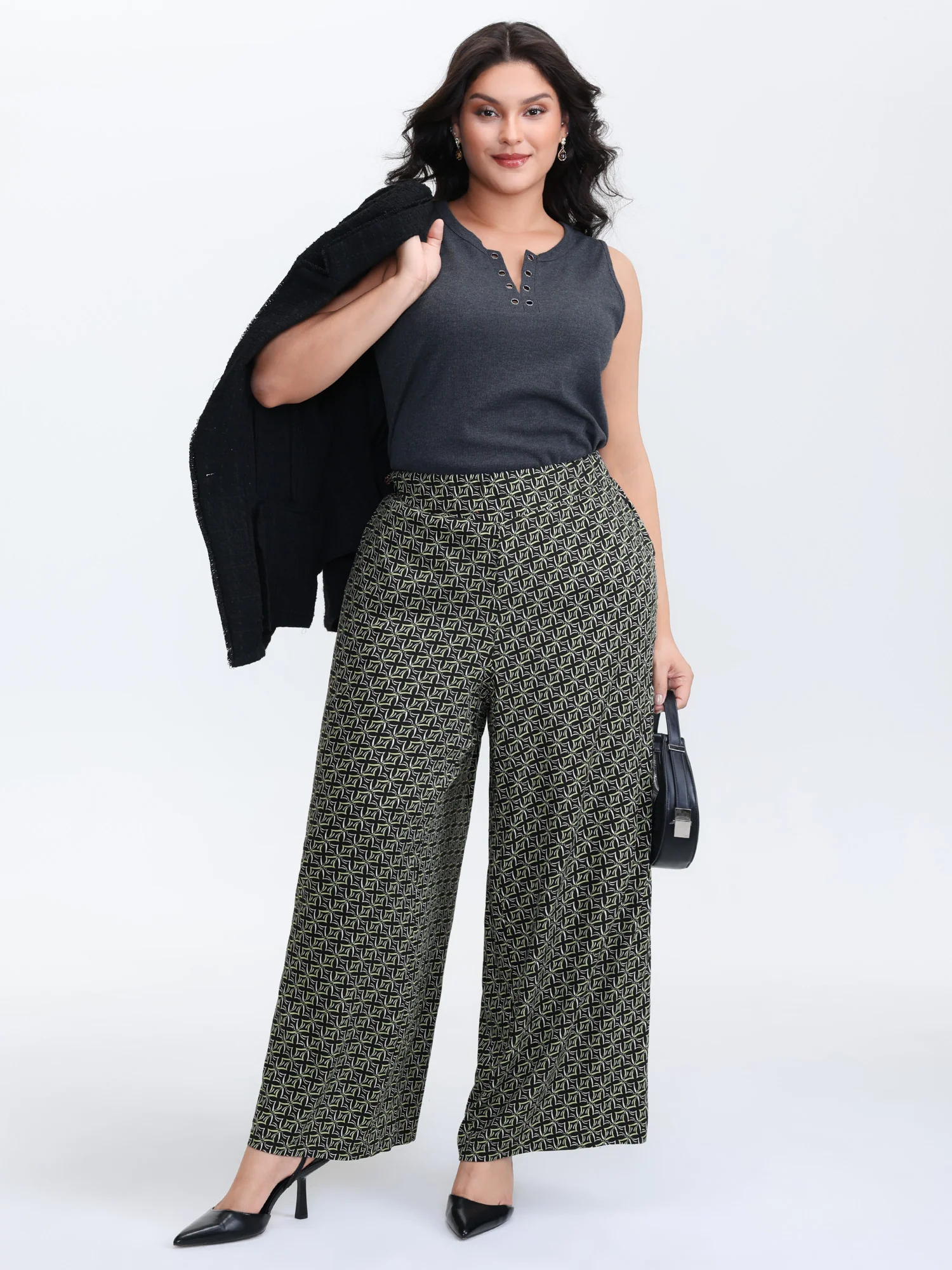 Geometric Print Stretchy Waist Wide-Leg Pants