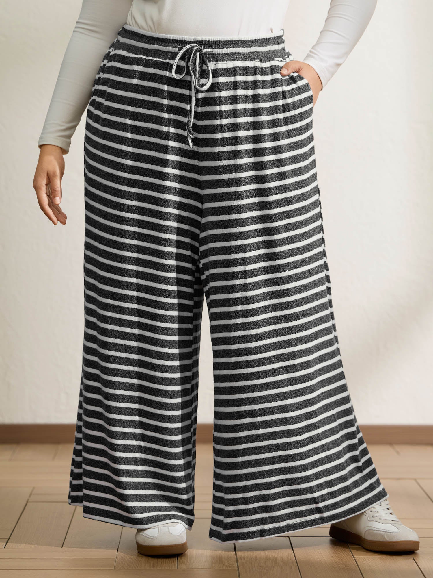 Stretchy Stripes Drawstring Wide-Leg Pants