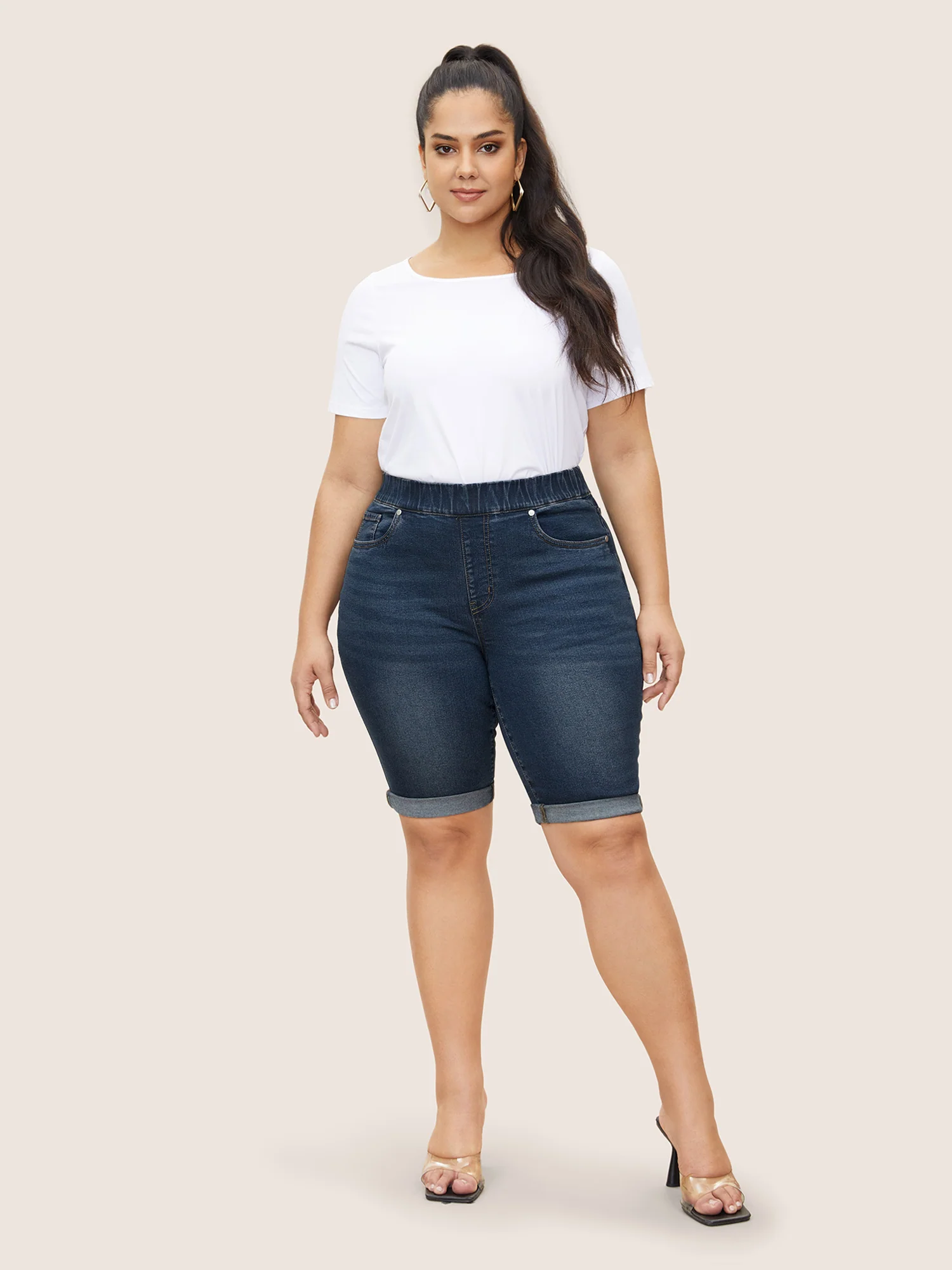 Roll Hem Elastic Waist Dark Wash Denim Shorts