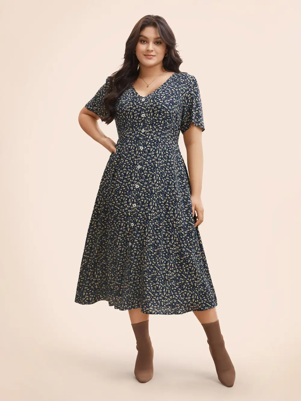 Ditsy Floral Button Detail Elastic Waist Midi Dress