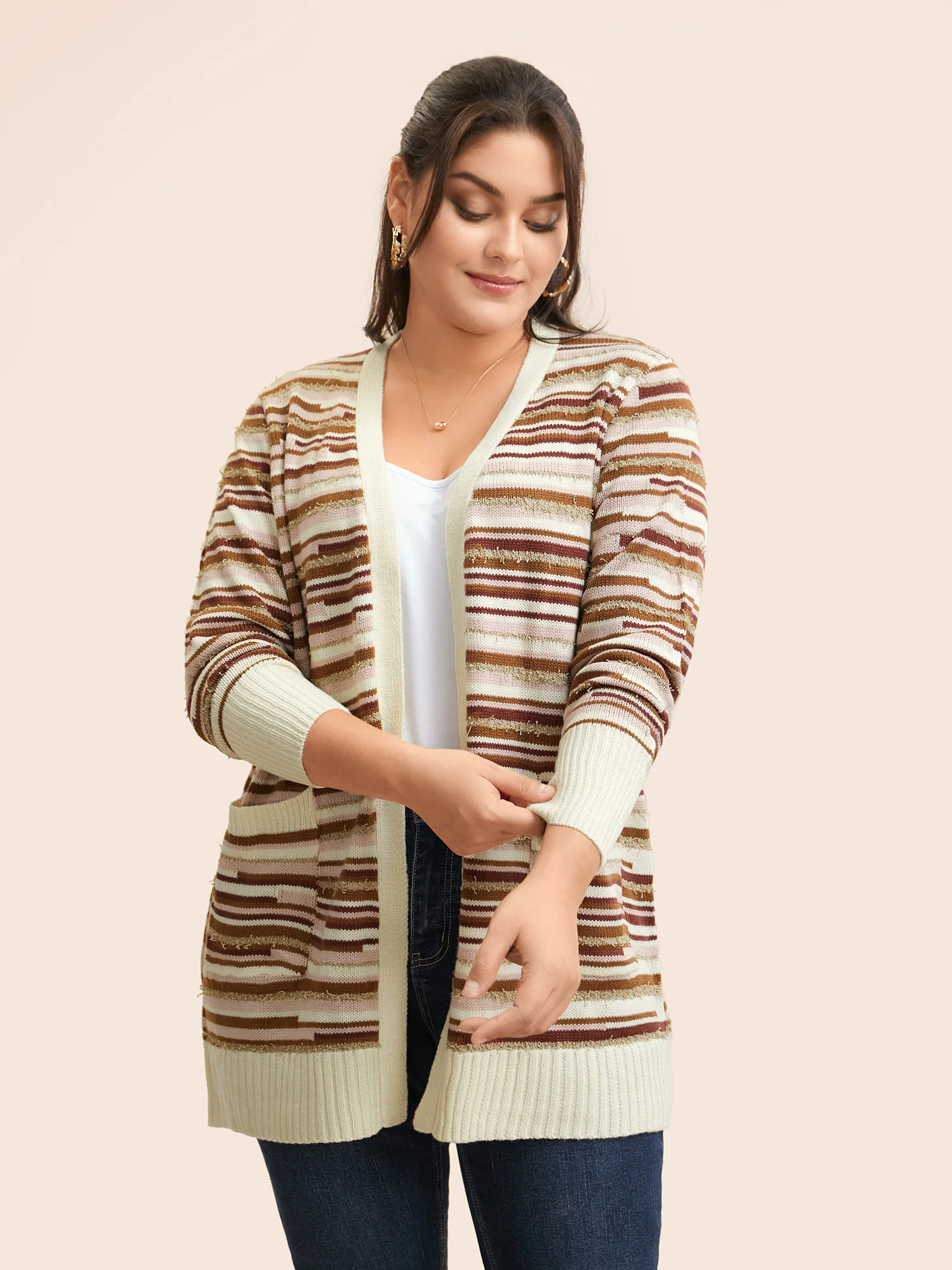 Striped Kimono Collar Pocket Cardigan