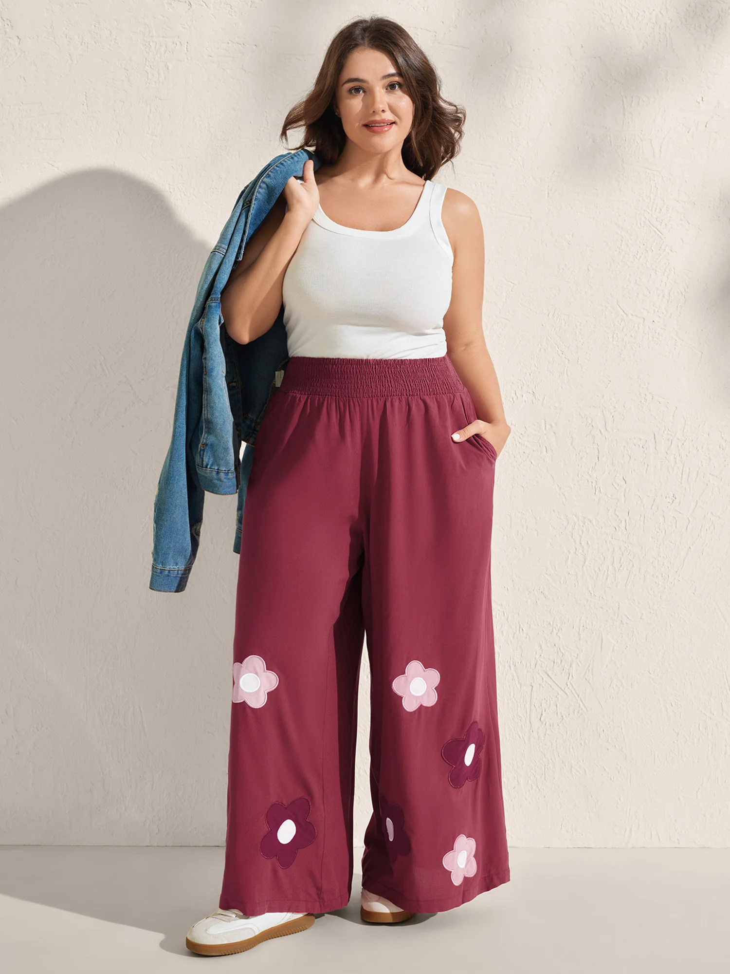 Floral Applique Embroidery Wide-Leg Pants