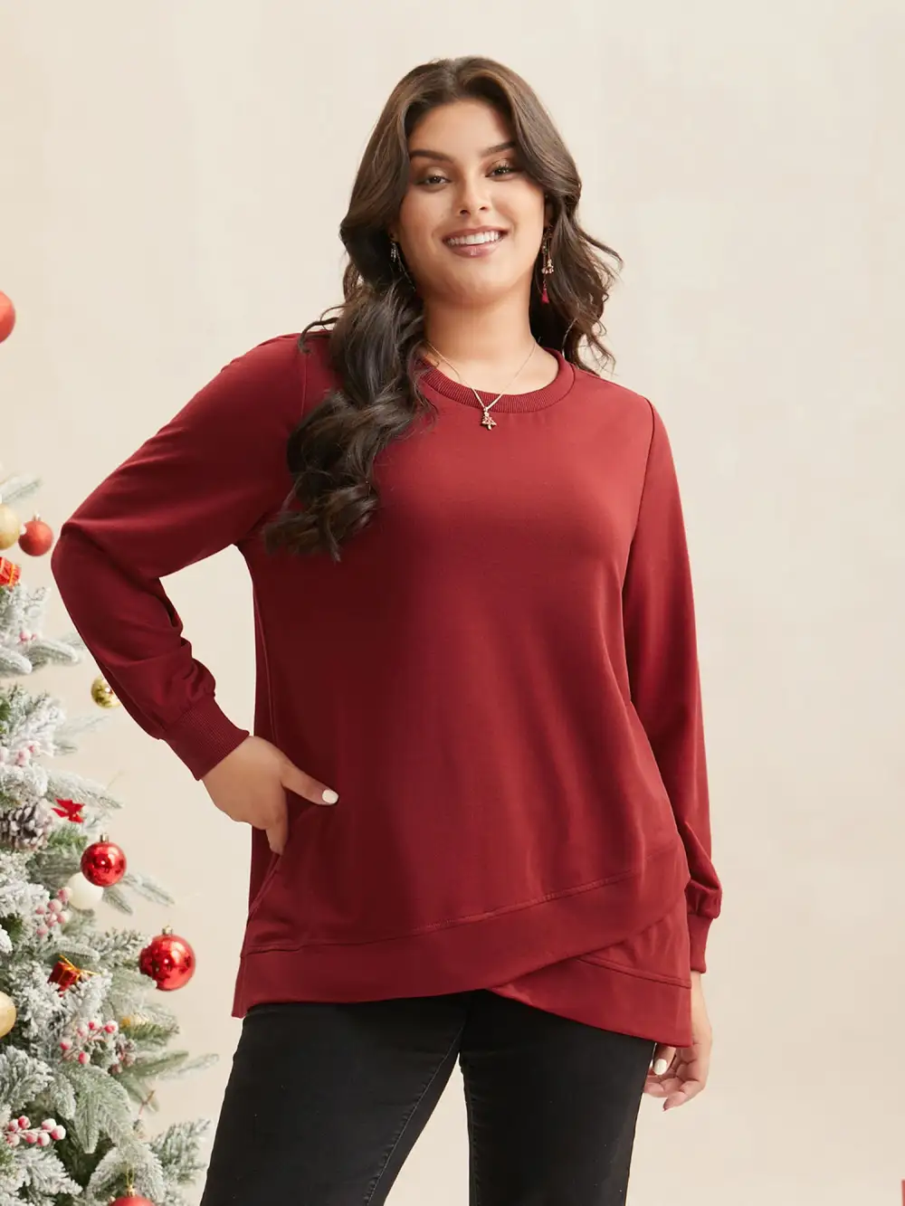 Overlapping Hem Round Neck Sweatshirt