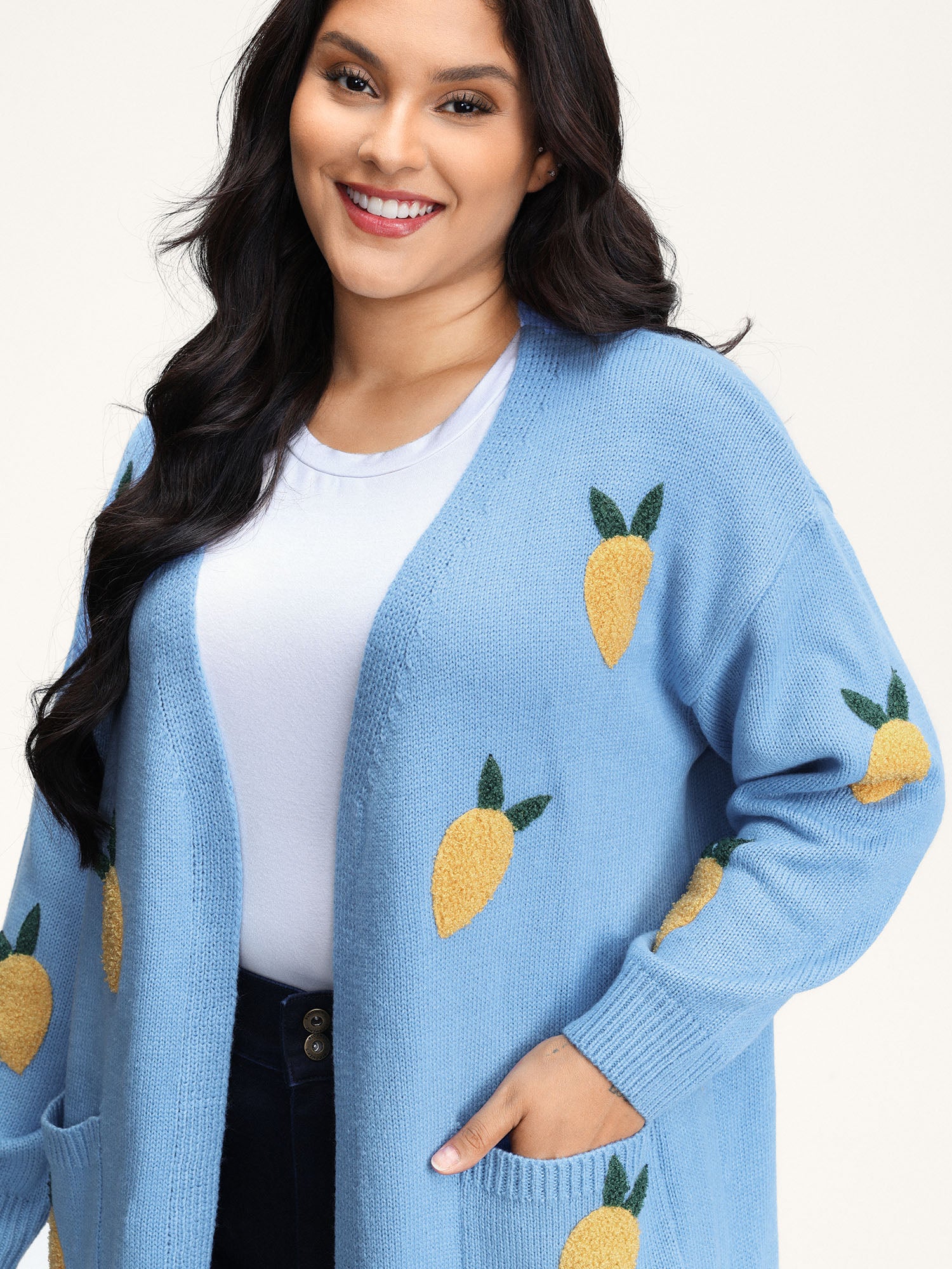 Lemon Embroidery V-Neck Pockets Knit Cardigan