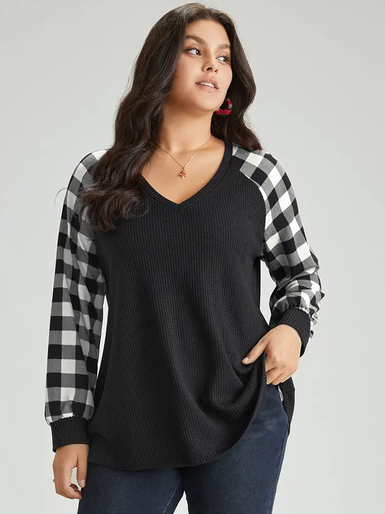 Waffle Knit Plaid Patchwork Raglan Sleeve T-Shirt