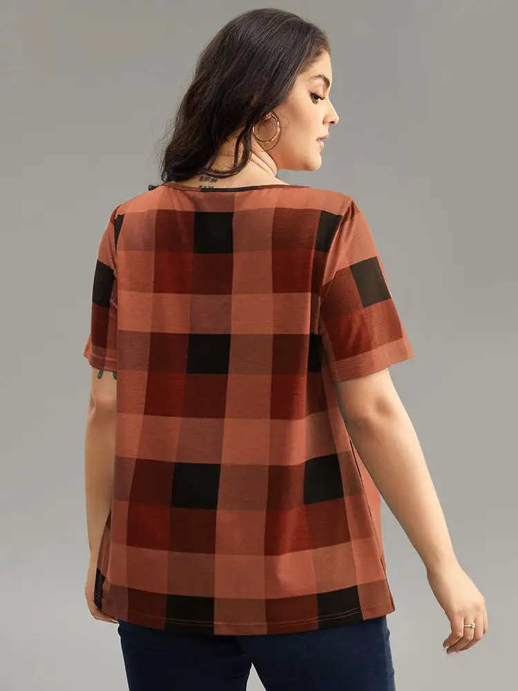 Plaid Round Neck Gathered T-Shirt