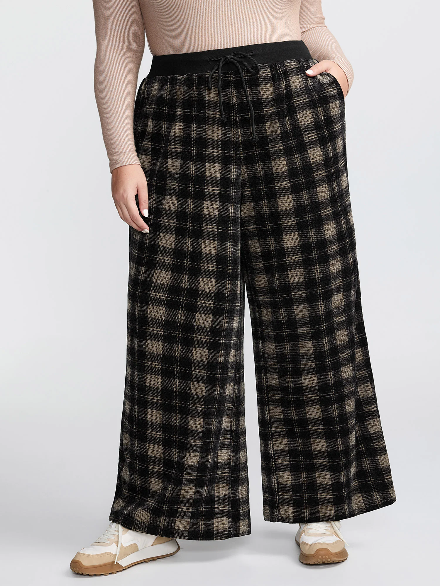 Supersoft Plaid Color Contrast Wide-Leg Pants