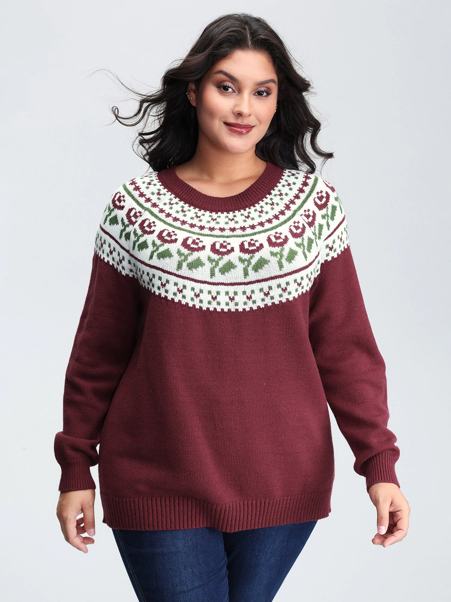 Floral Fair Isle Raglan Sleeve Pullover