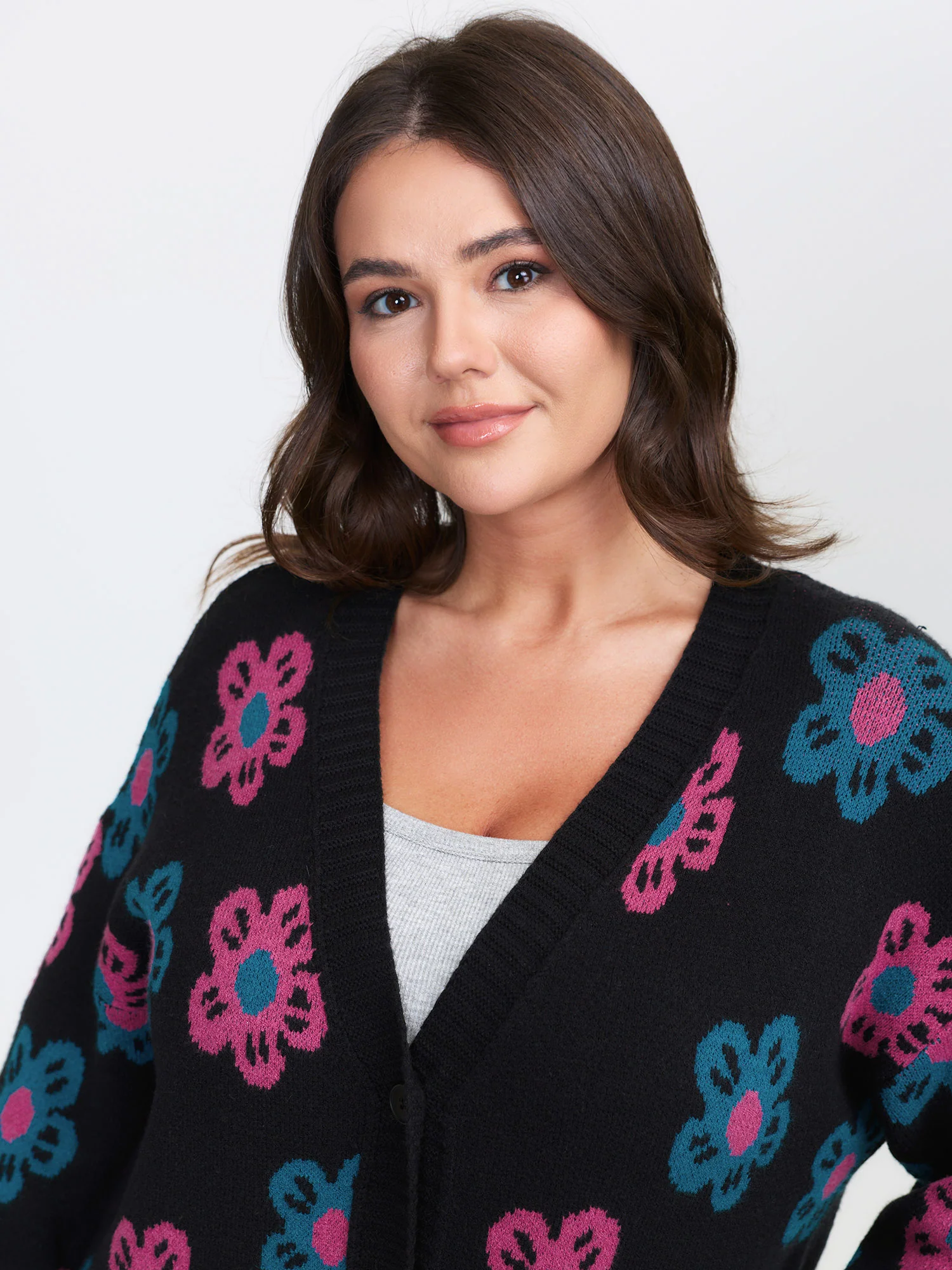 Supersoft Colorful Floral Drop Shoulder Knit Cardigan