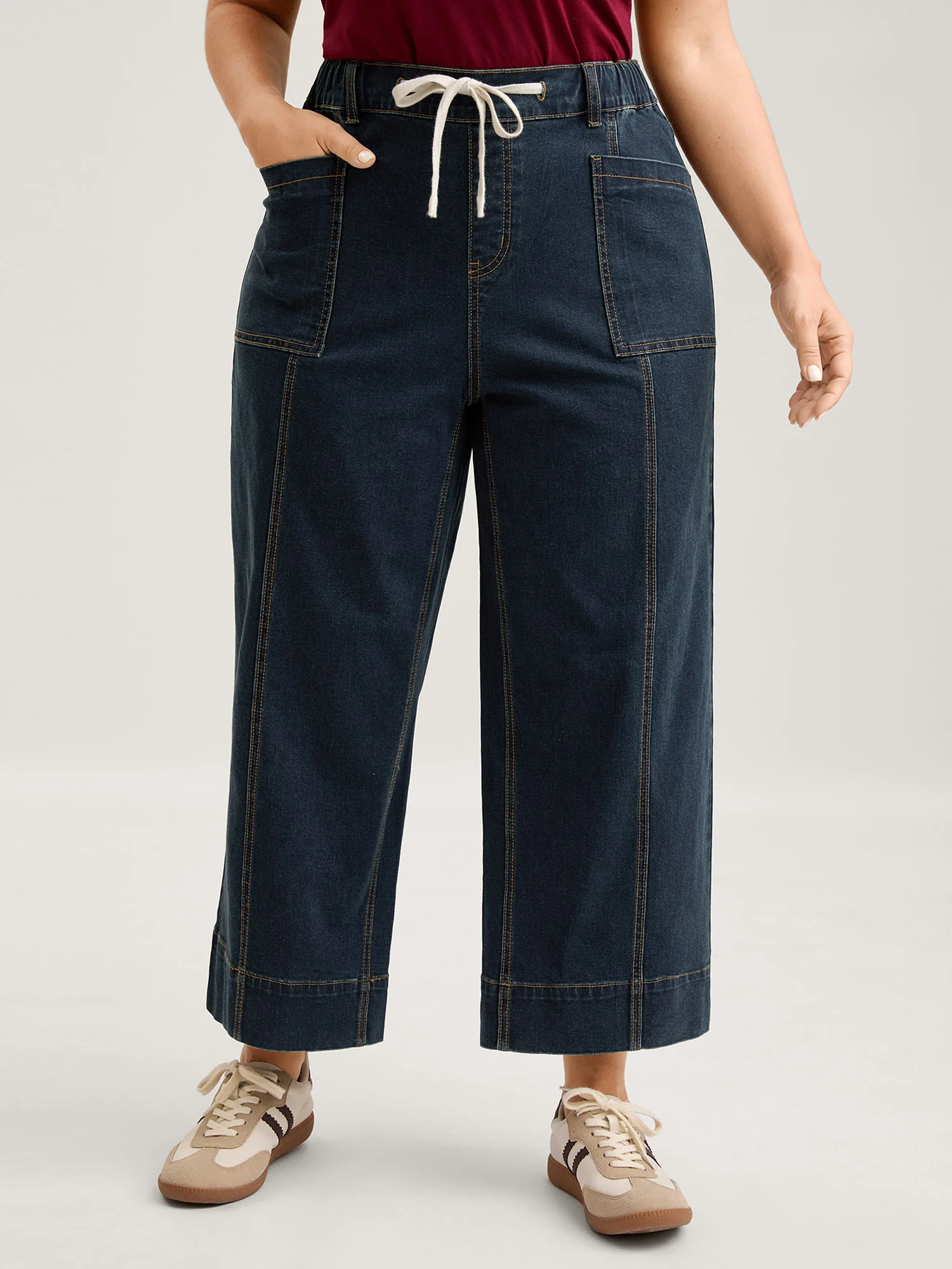 Drawstring Waist Elastic Waist Straight-Leg Jeans