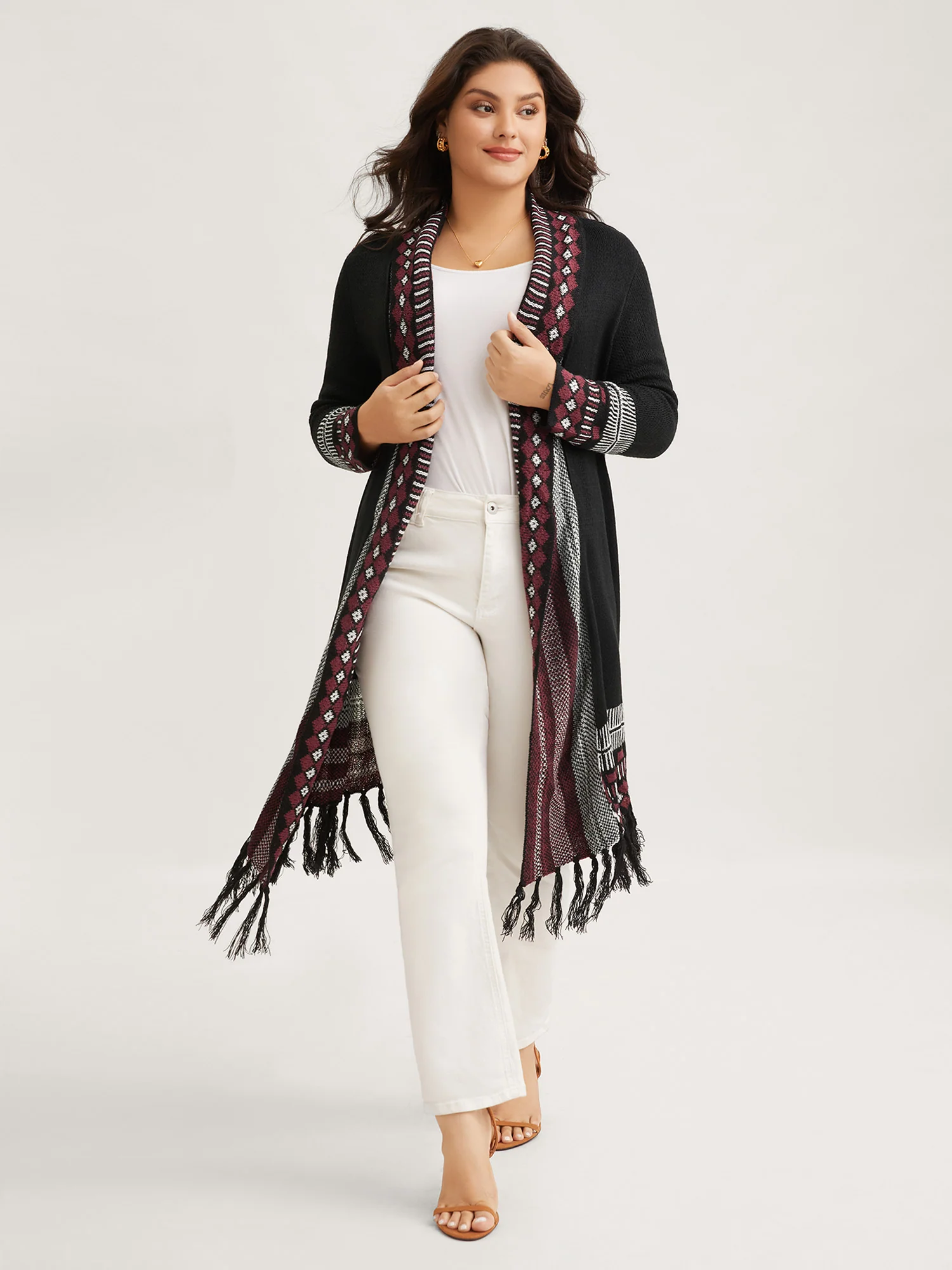 Bandana Print Fringe Trim Maxi Cardigan