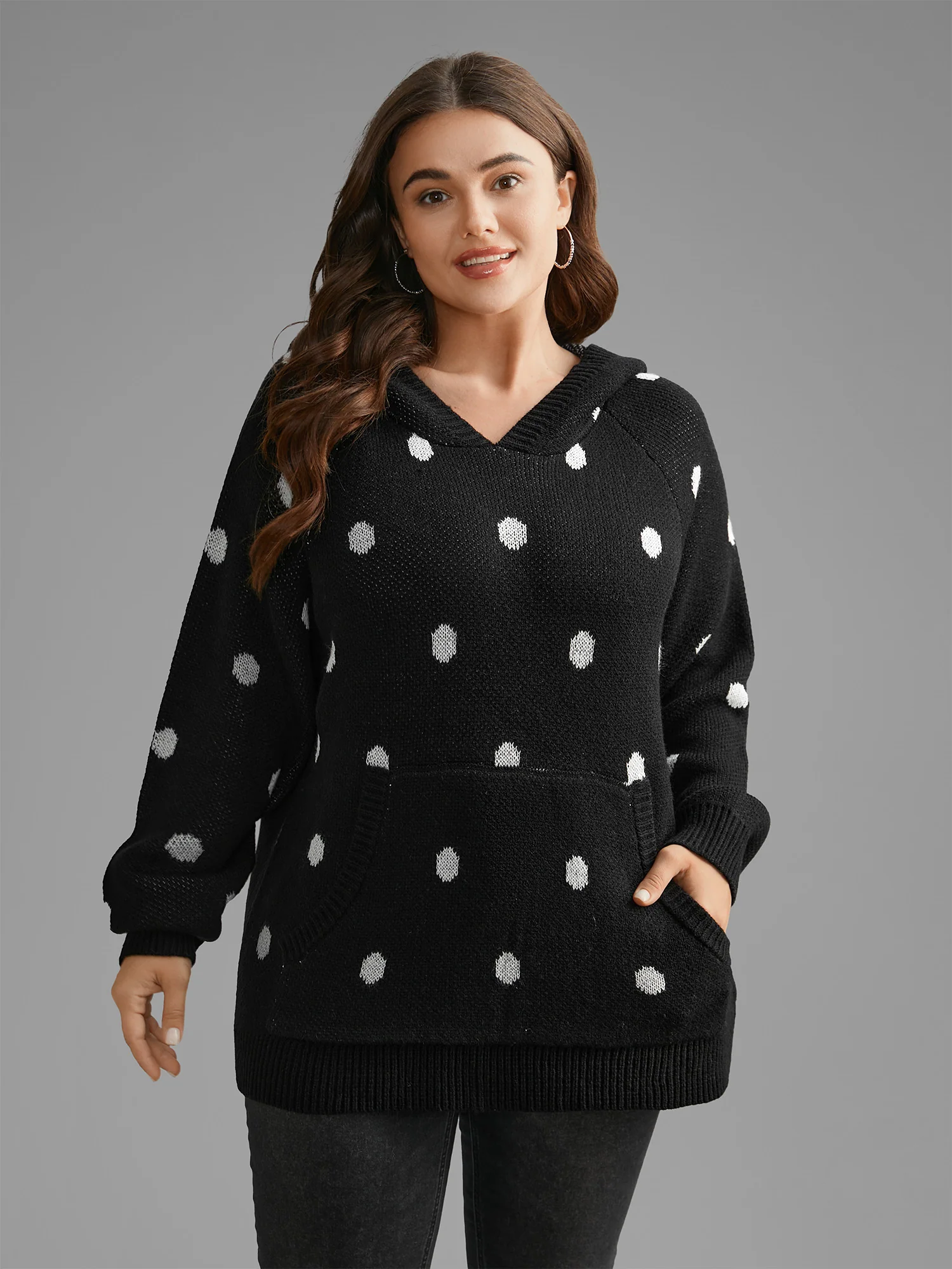 Polka Dot Hooded Patch Pocket Pullover