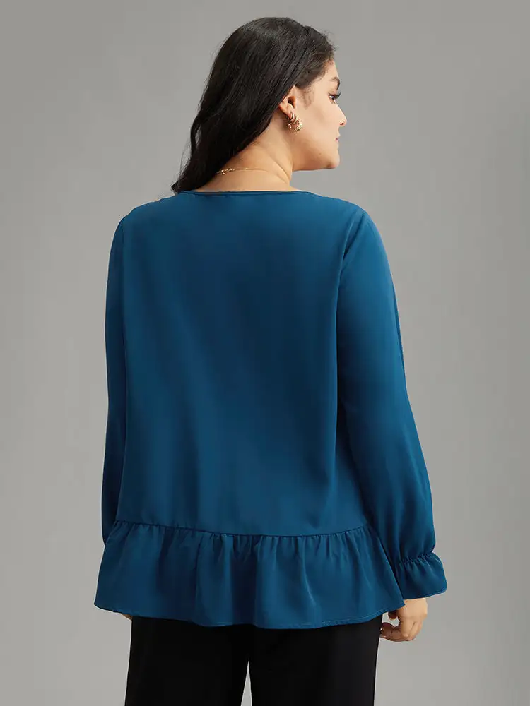 Static-Free Plain Pleated Ruffles Lantern Sleeve Blouse