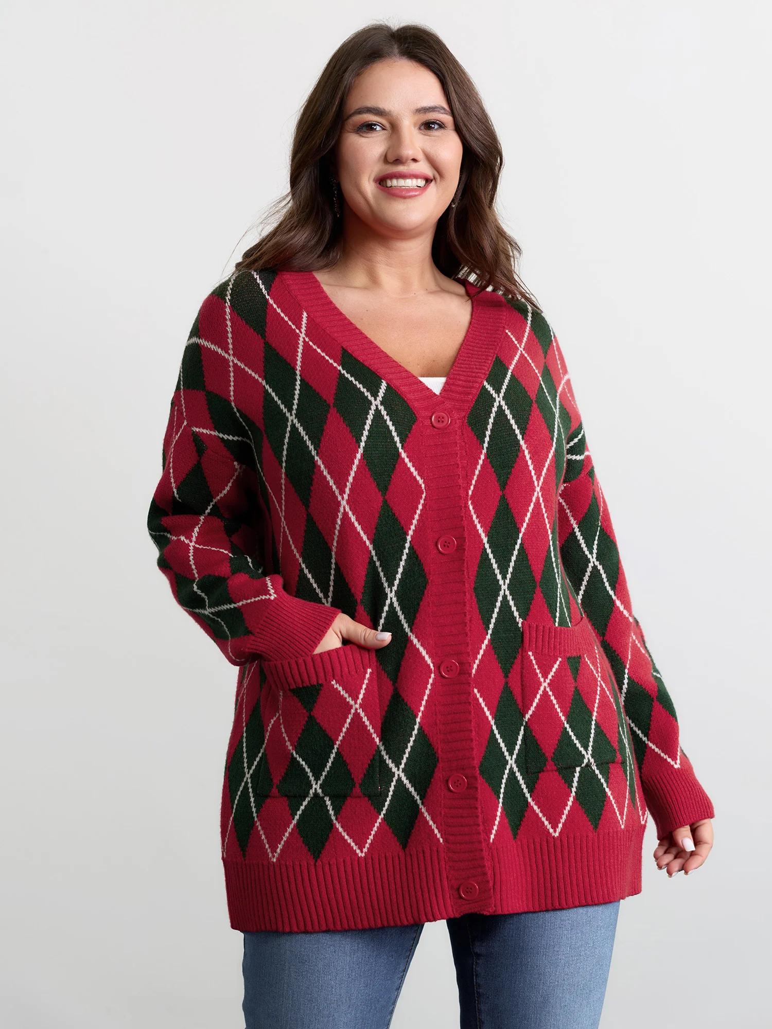 Holiday Checkered Jacquard Knit Cardigan
