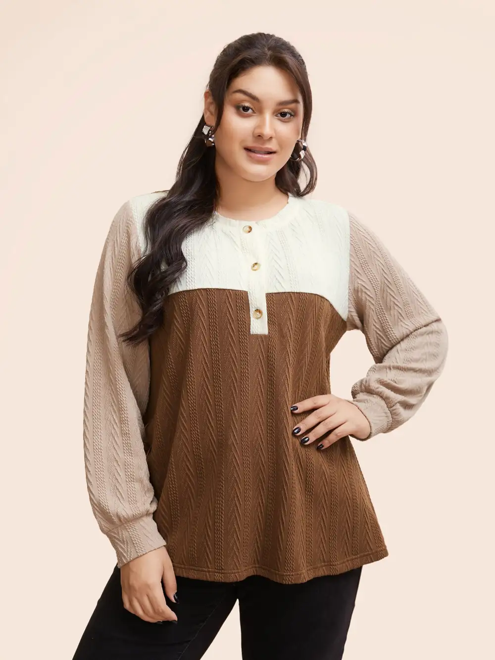 Colorblock Contrast Textured Button Up T-Shirt