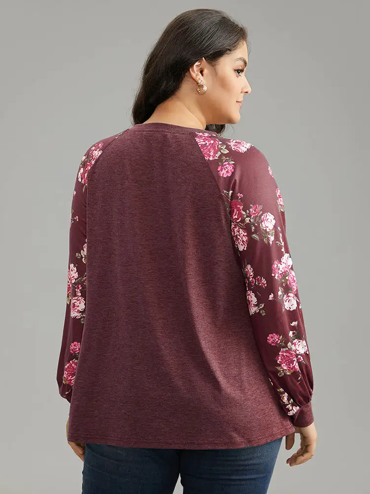 Floral Patchwork Crew Neck Raglan Sleeve T-Shirt