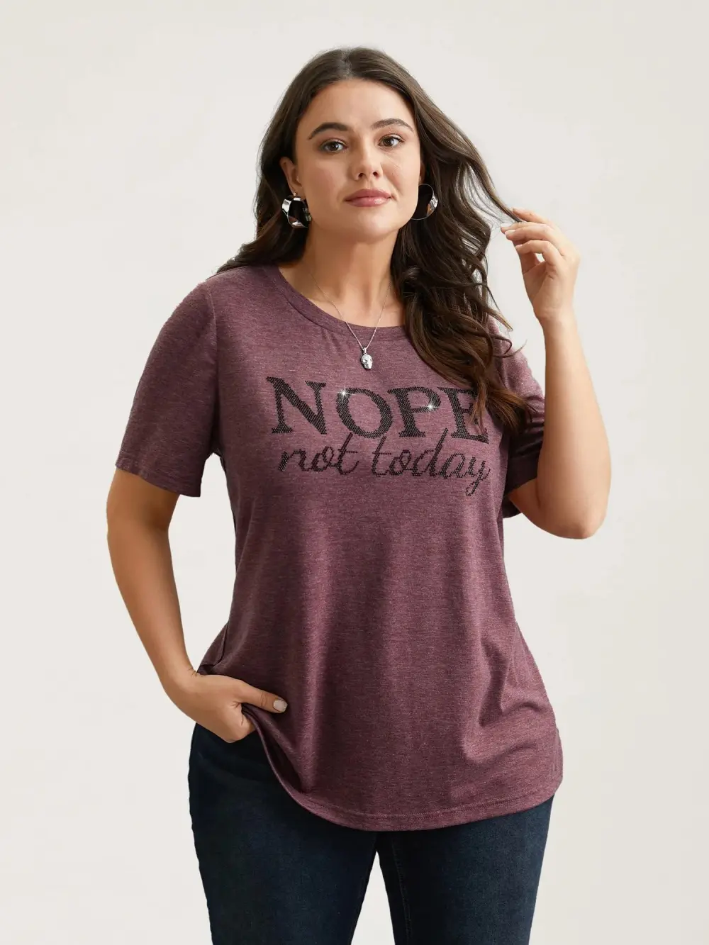 Nope Not Today Print Rhinestone Round Neck T-Shirt