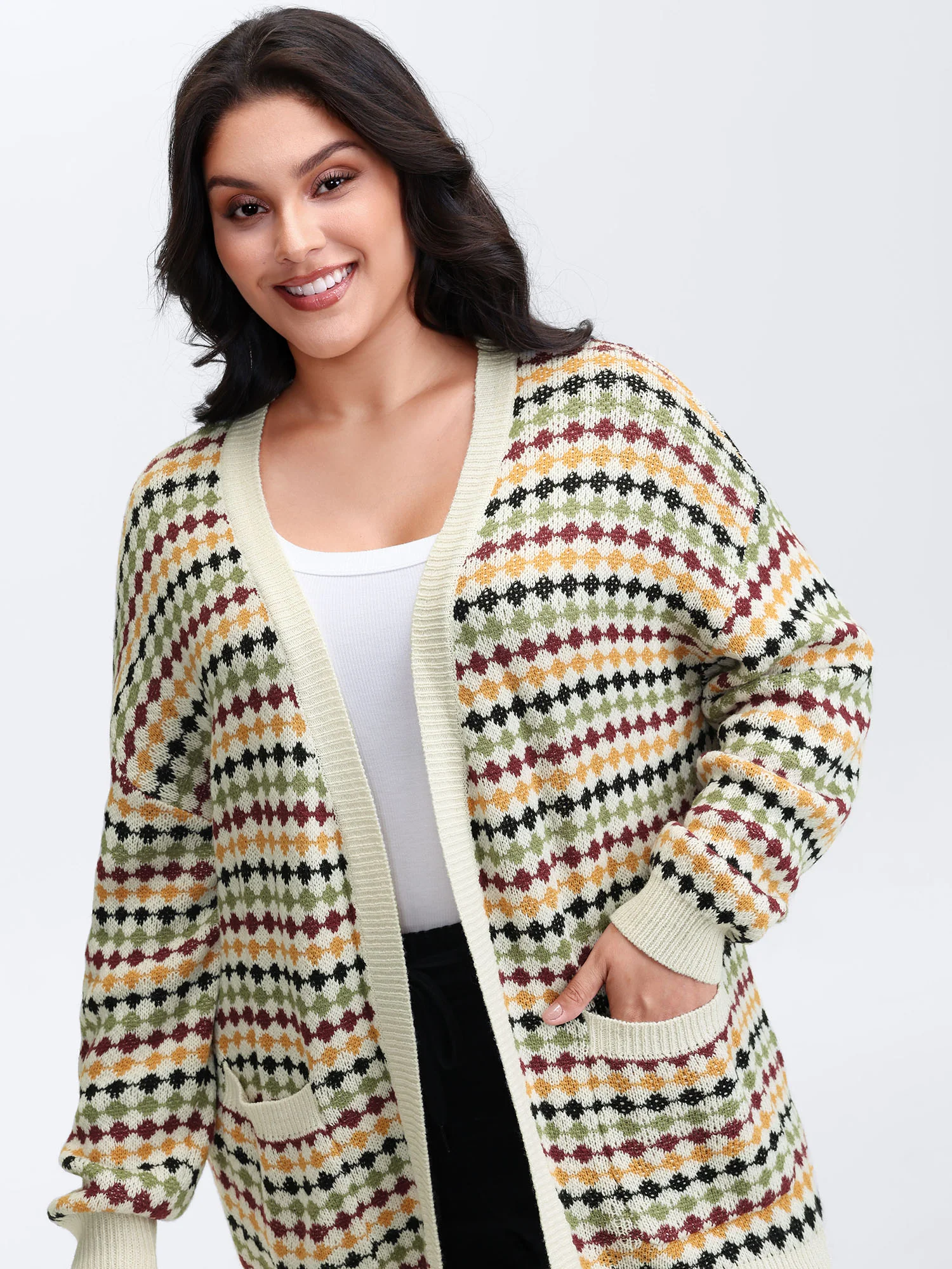Colorful Dots Open-Front Pockets Knit Cardigan