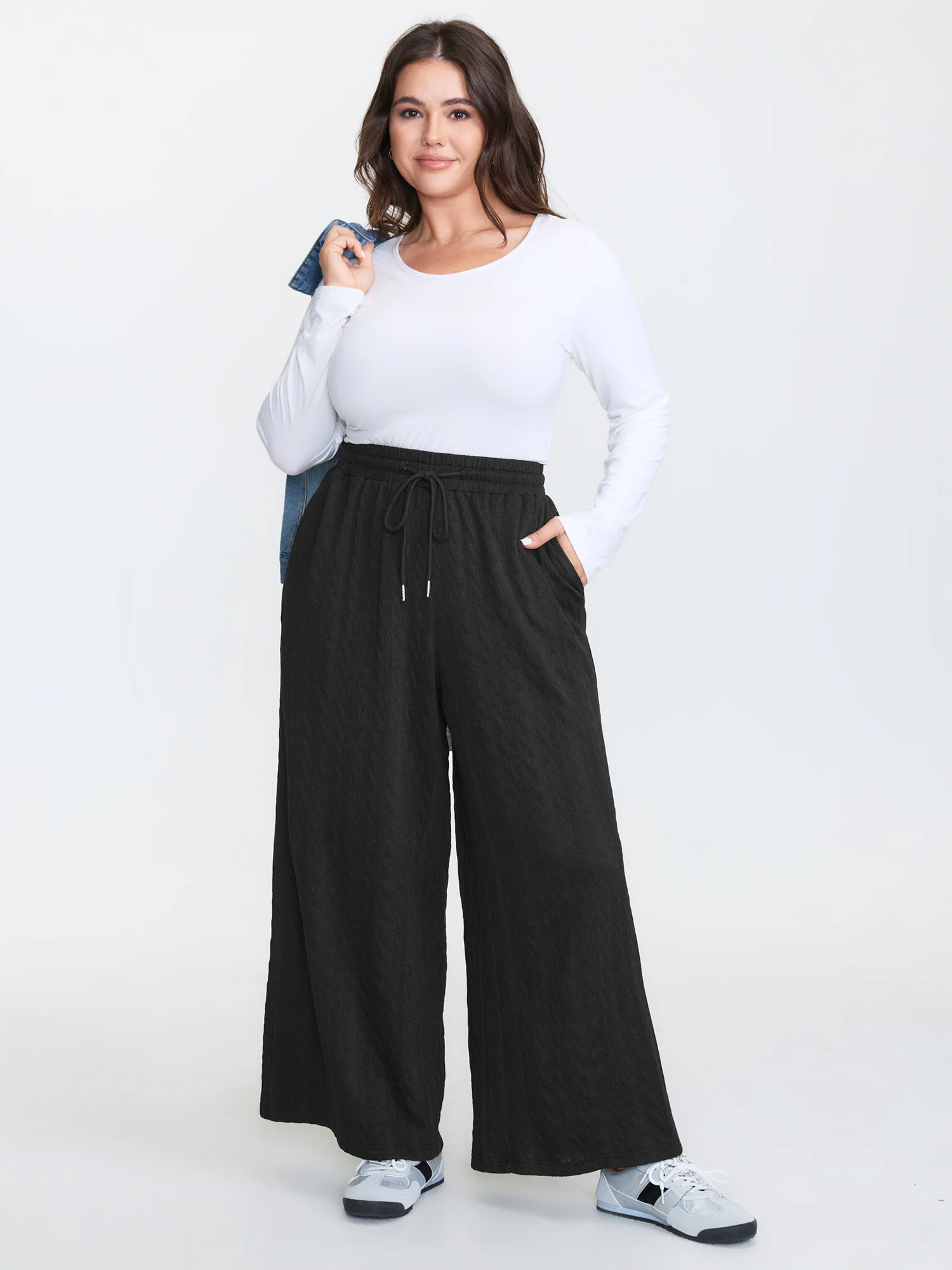 Stretchy Textured Drawstring Waist Pants