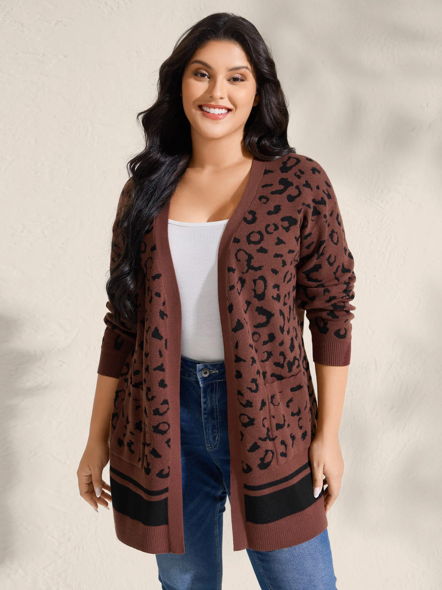 Leopard Print Patch Pockets Front-Open Cardigan