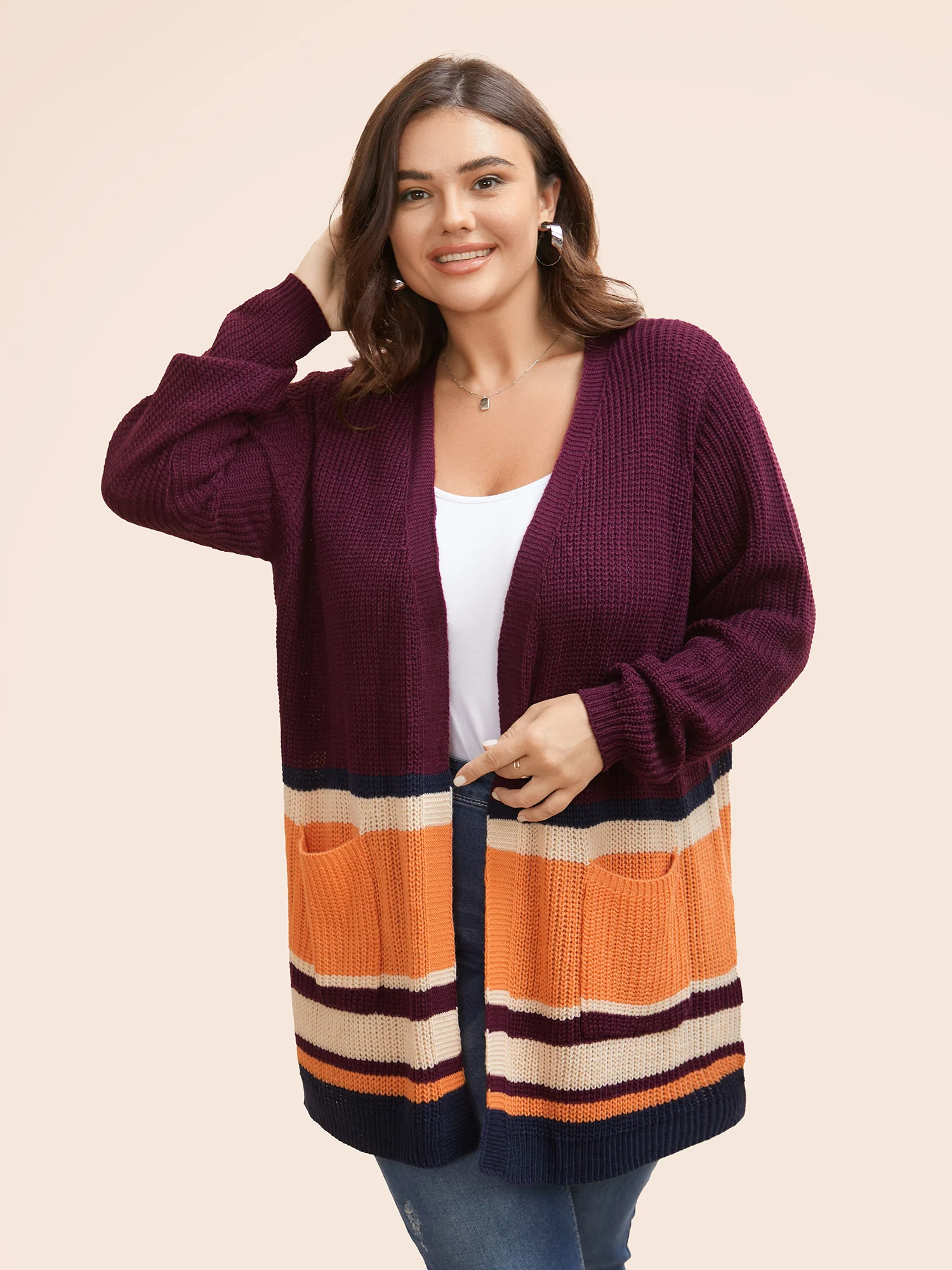 Colorblock Contrast Patched Pocket Open Front Cardigan