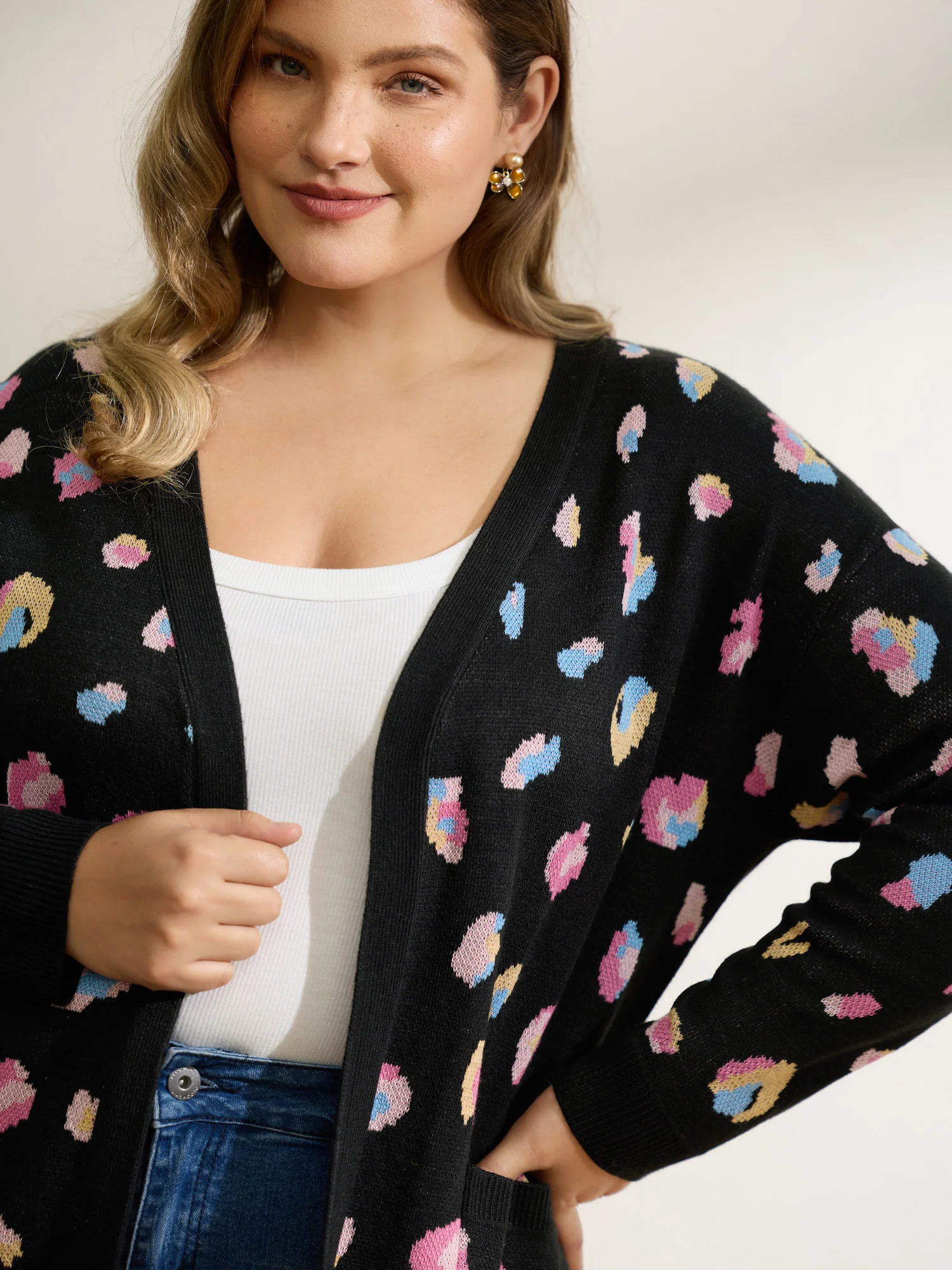 Colorful Leopard Print Pockets Knit Cardigan