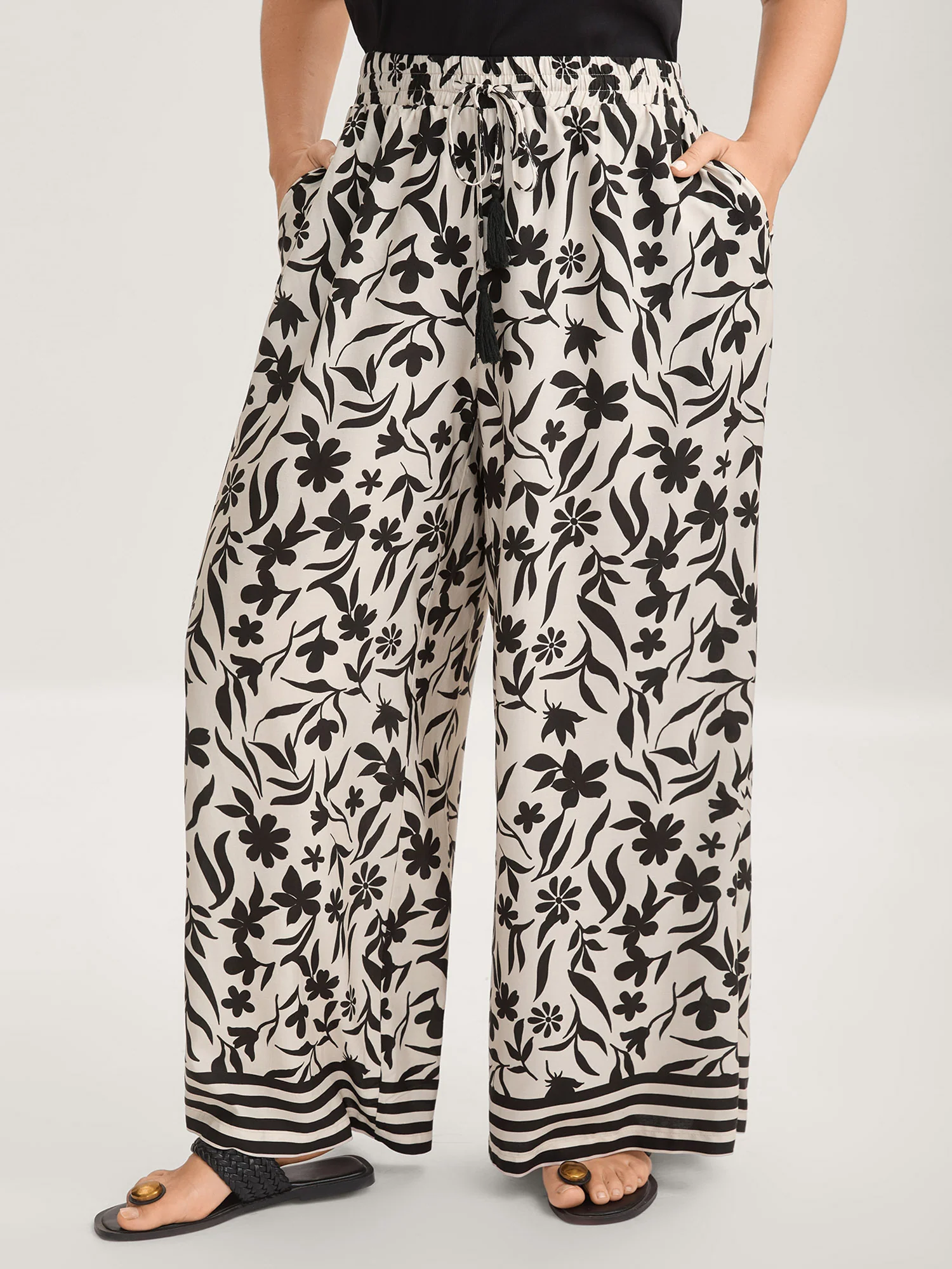 Floral Print Wide-Leg Contrast Pants