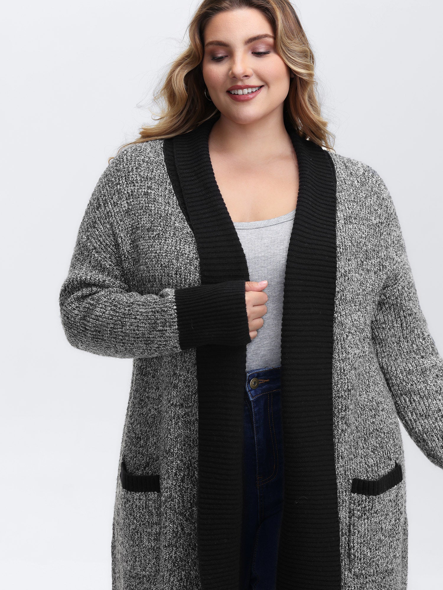 Color Contrast Trim Textured Pocket Knit Cardigan