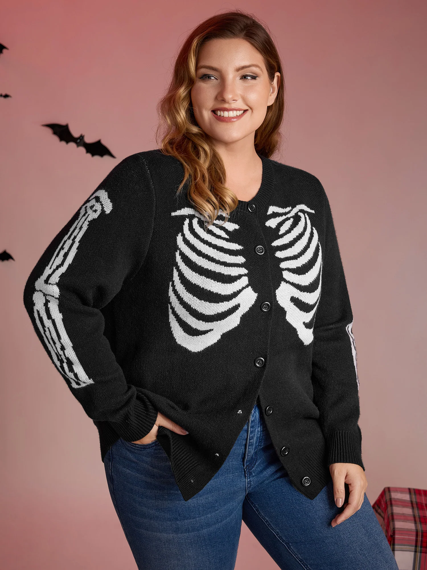 Skeleton Ribcage Print Button Knit Cardigan