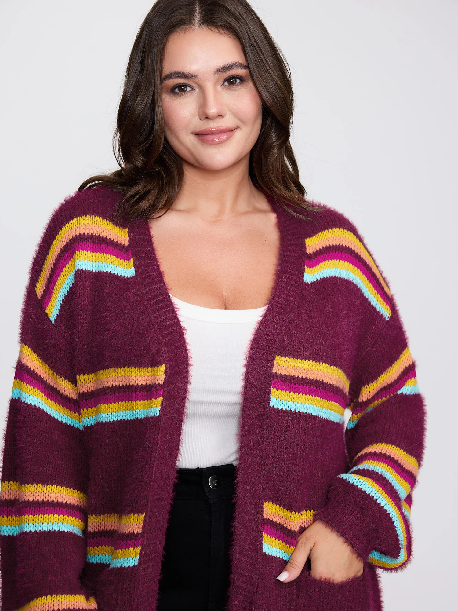 Colorful Stripe Furry Textured Knit Cardigan