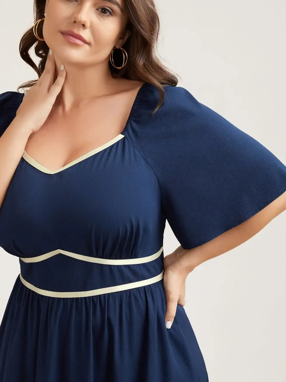 Textured Stretchy Waist Milkmaid Style Midi Dress