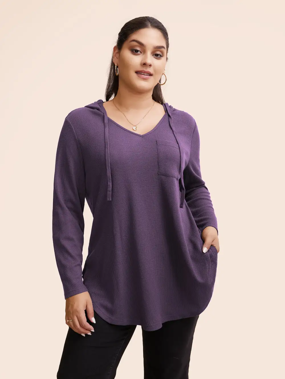 Waffle Knit Pocket Hooded Drawstring Arc Hem T-Shirt