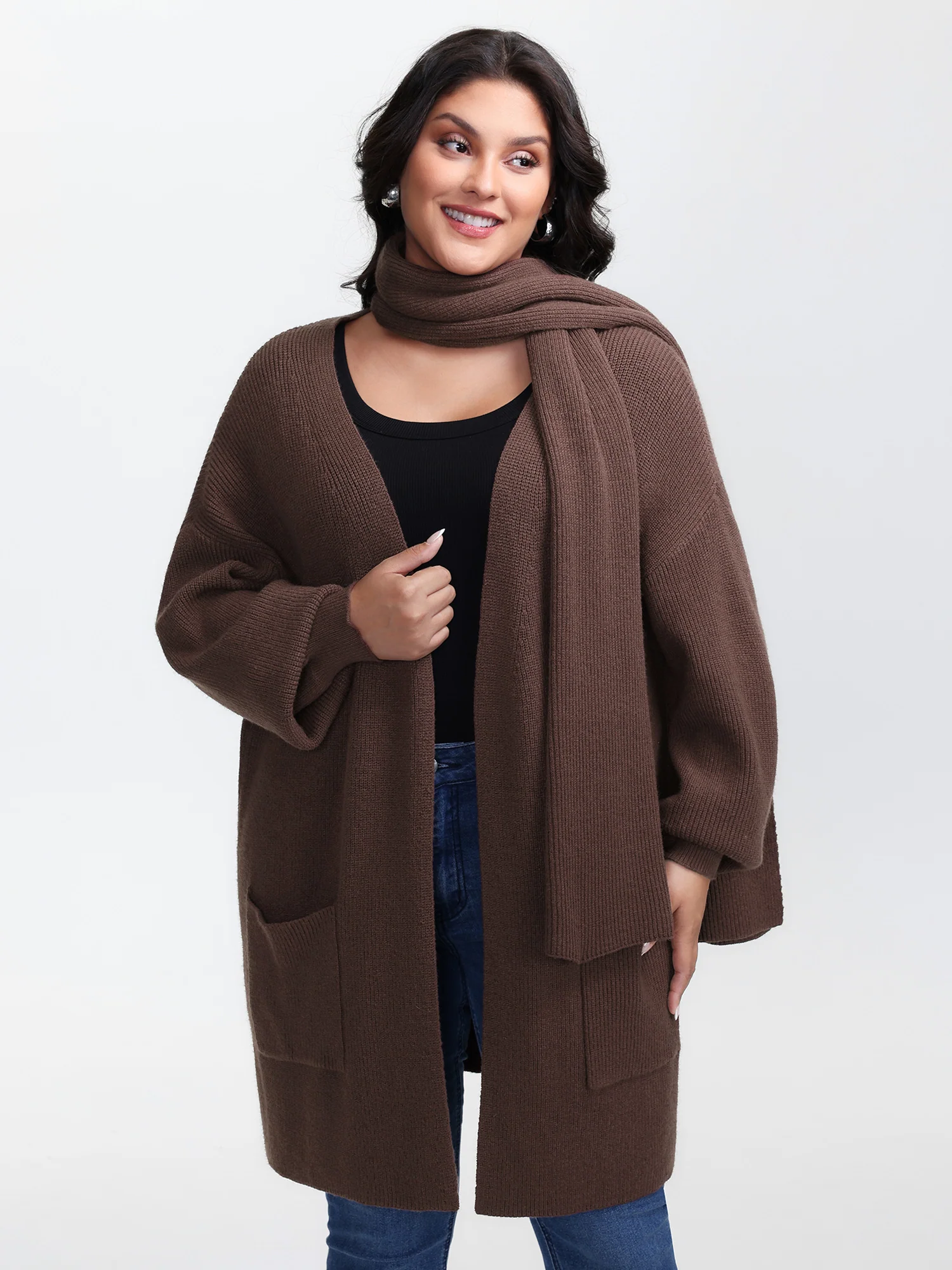 Textured Scarf Pockets Knit Cardigan