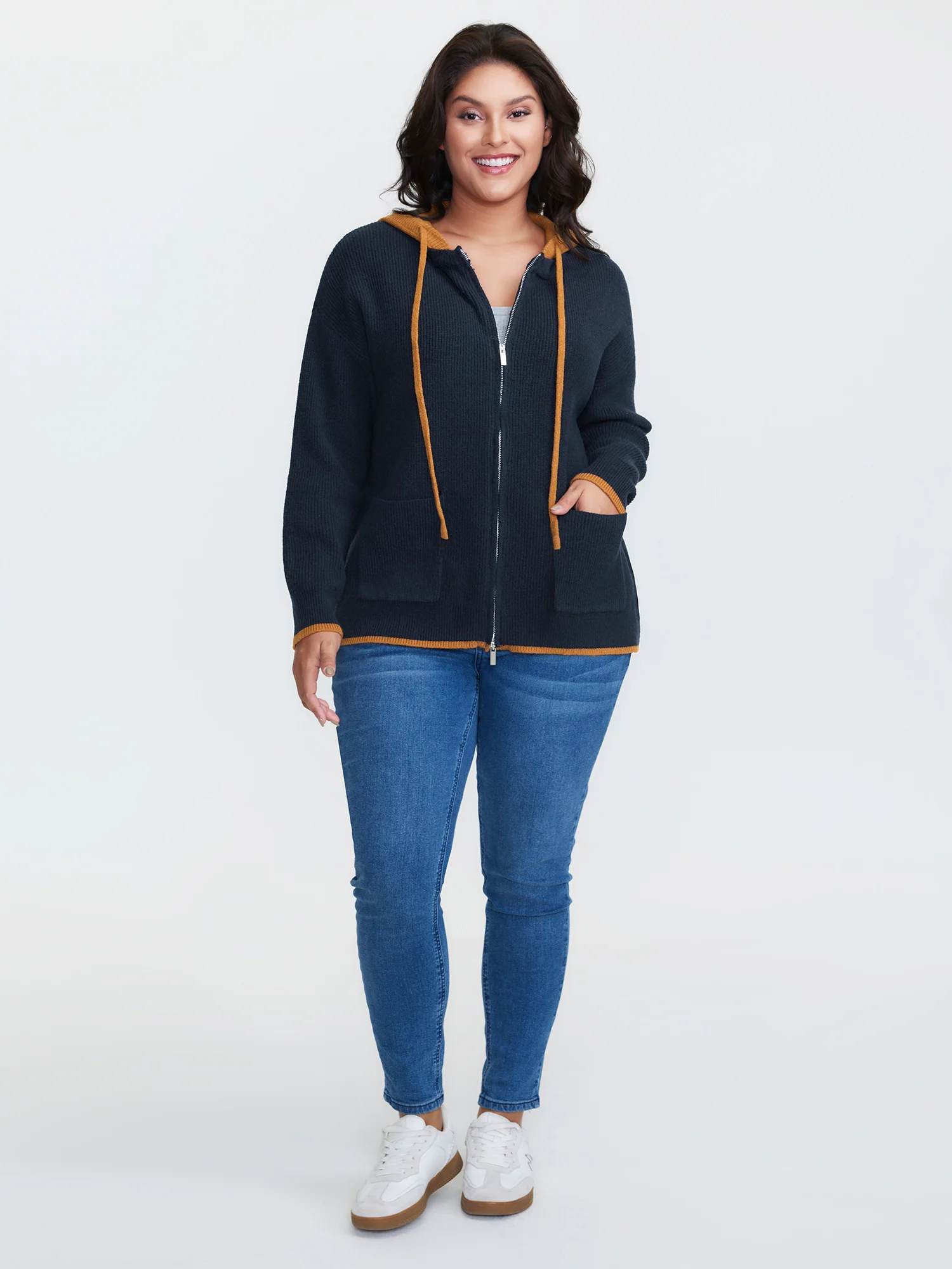 Contrast Hooded Zipper Front Pocketed Cardigan