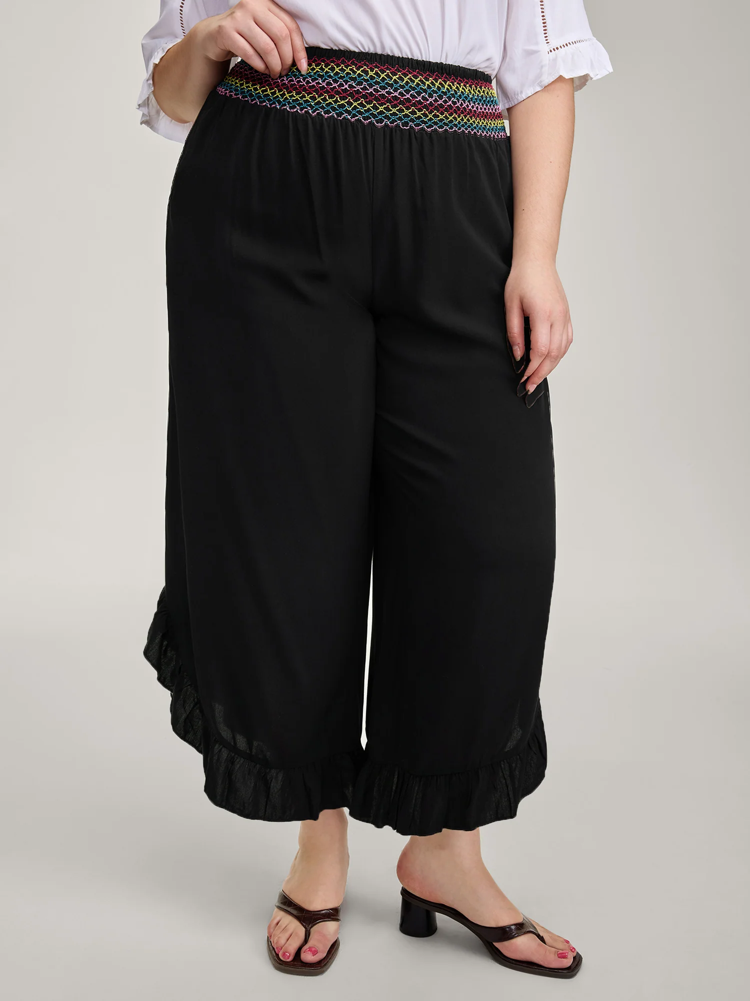 Colorful Shirred Waistband Ruffled Hem Pants