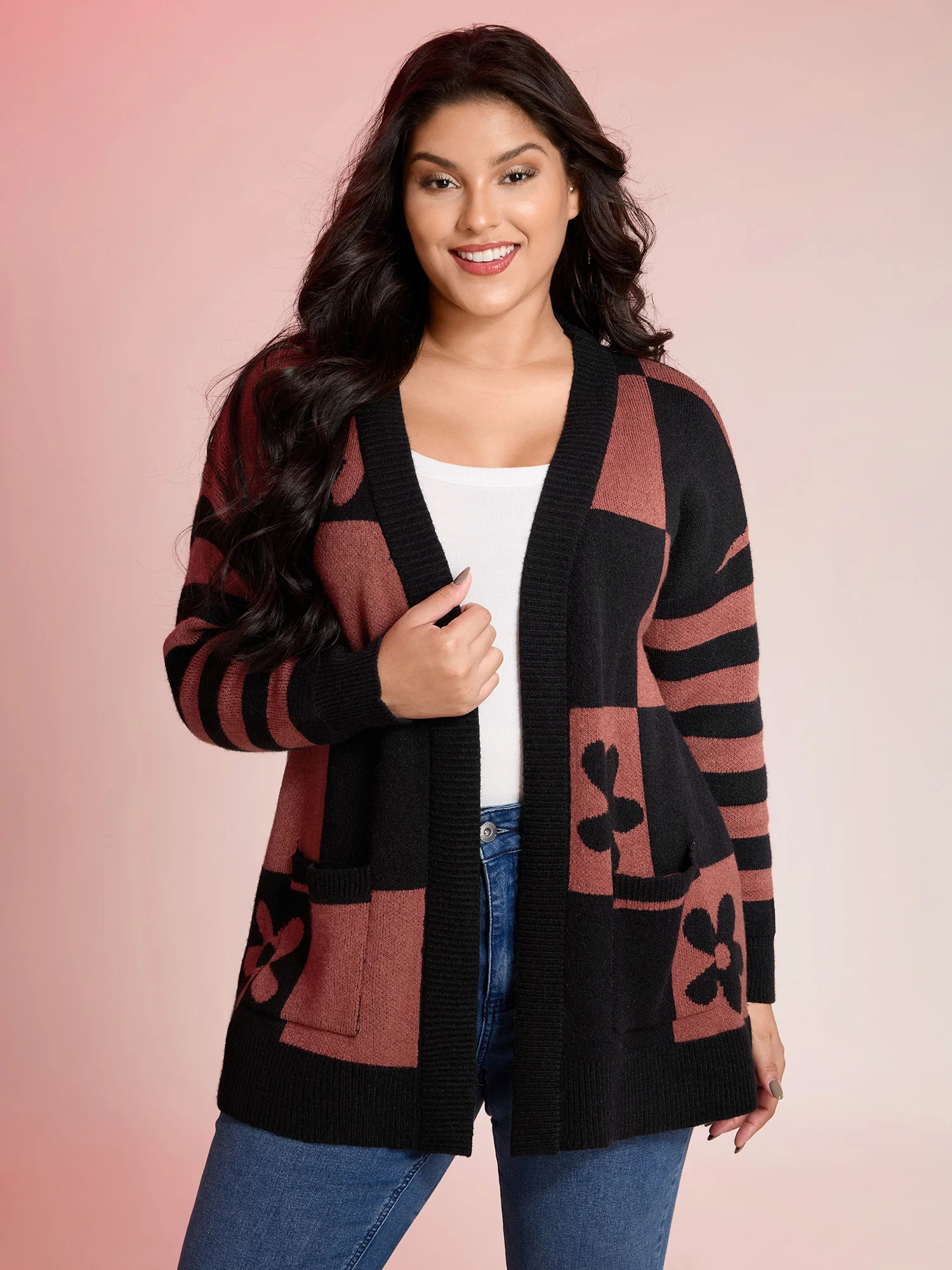 Supersoft Checkered Floral Superstretchy Knit Cardigan