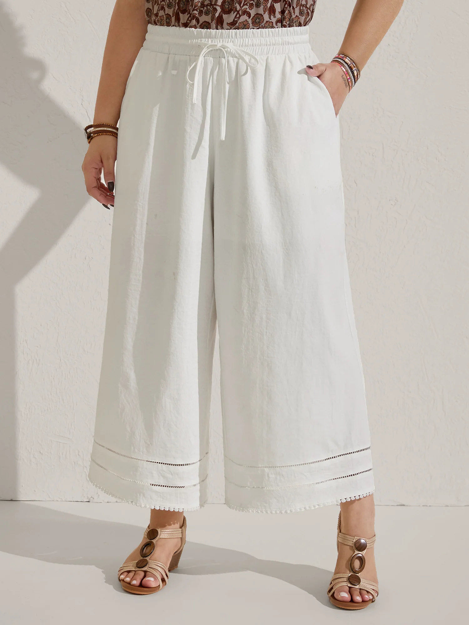 Lace Trim Wide-Leg Tie Pants