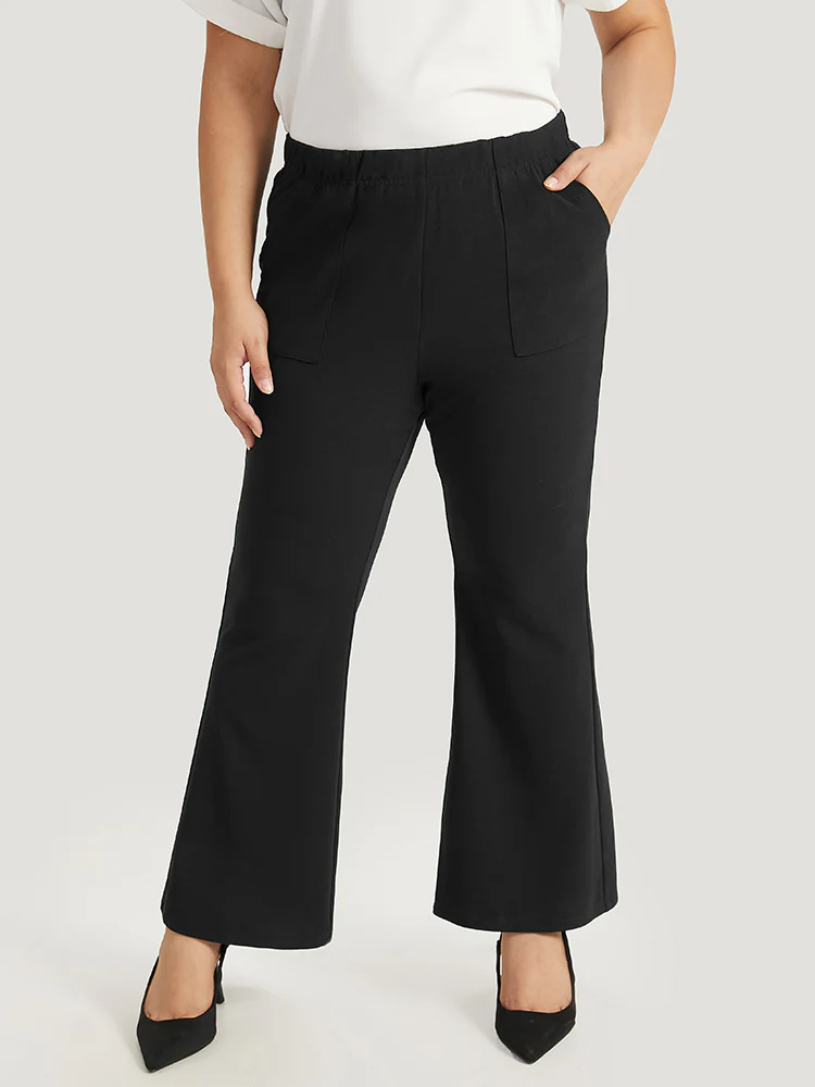 Solid Pocket Flare Leg Elastic Waist Pants
