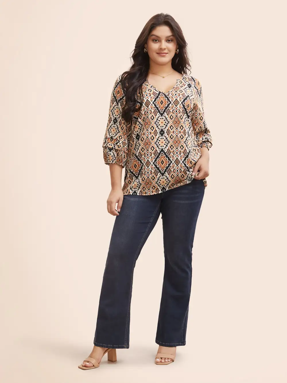 Bandana Geometric Pleated Lantern Sleeve Blouse