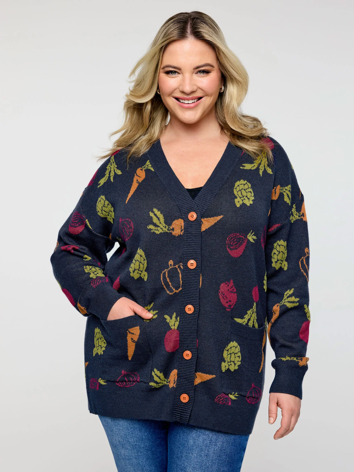 Vegetable Print Buttons Colorful Knit Cardigan