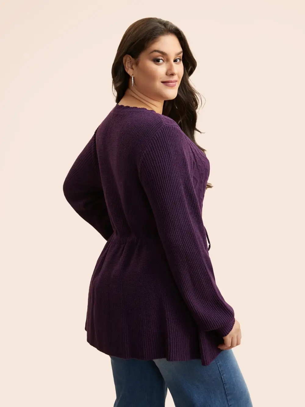 V Neck Cable Knit Drawstring Pullover