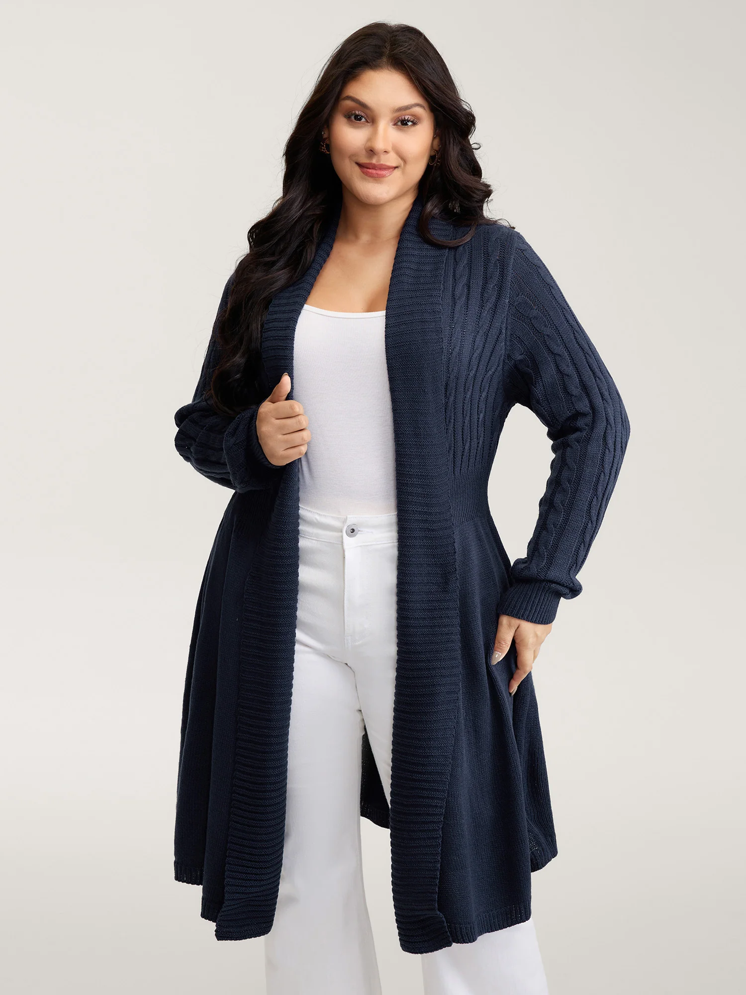 Cable Knit Cinched-Flared Waist Knit Cardigan