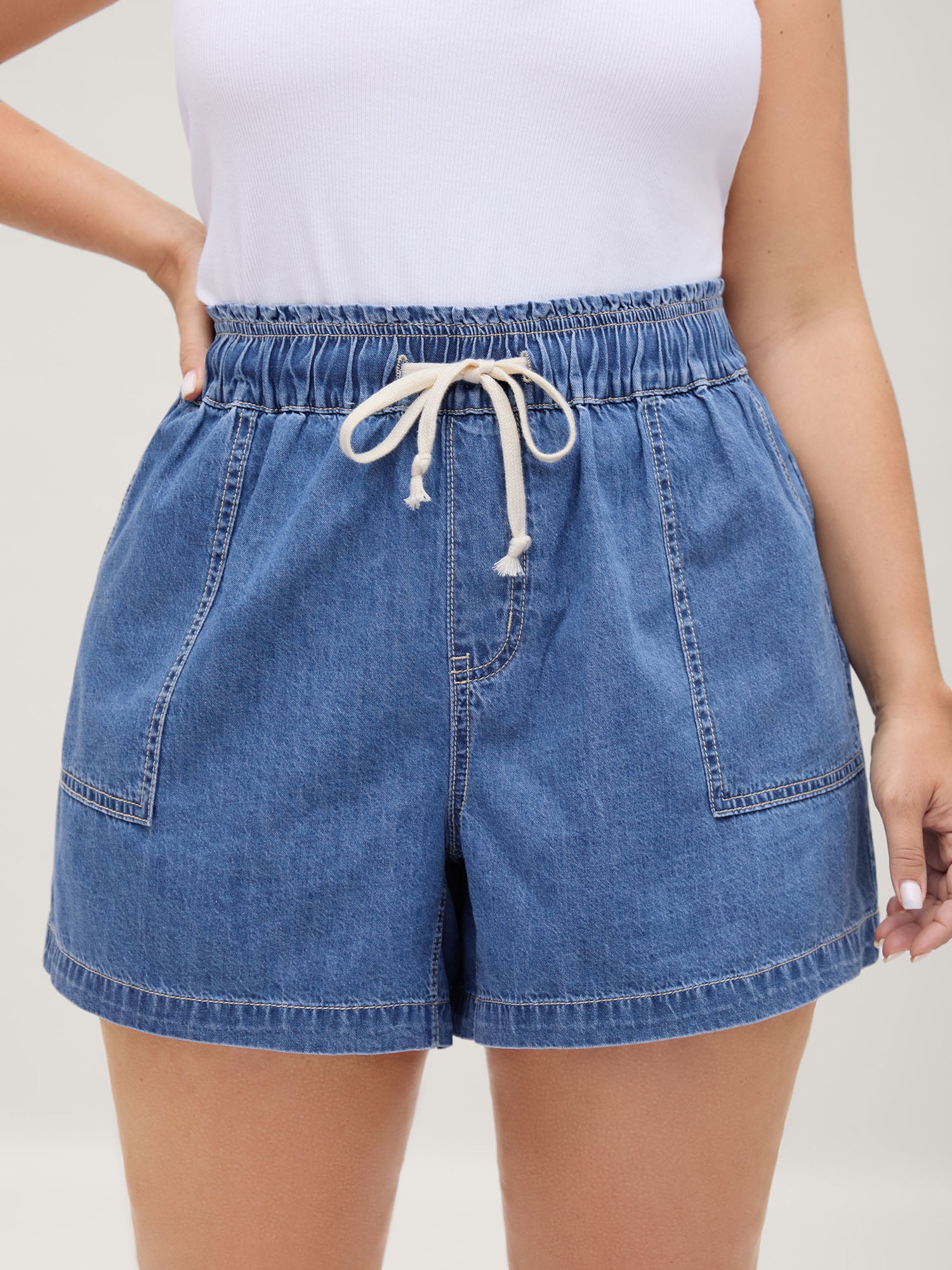 Cotton Stretchy Waist Drawstring Classic Denim Shorts
