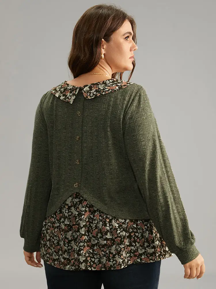 Ditsy Floral Patchwork Button Detail Lapel Collar T-Shirt