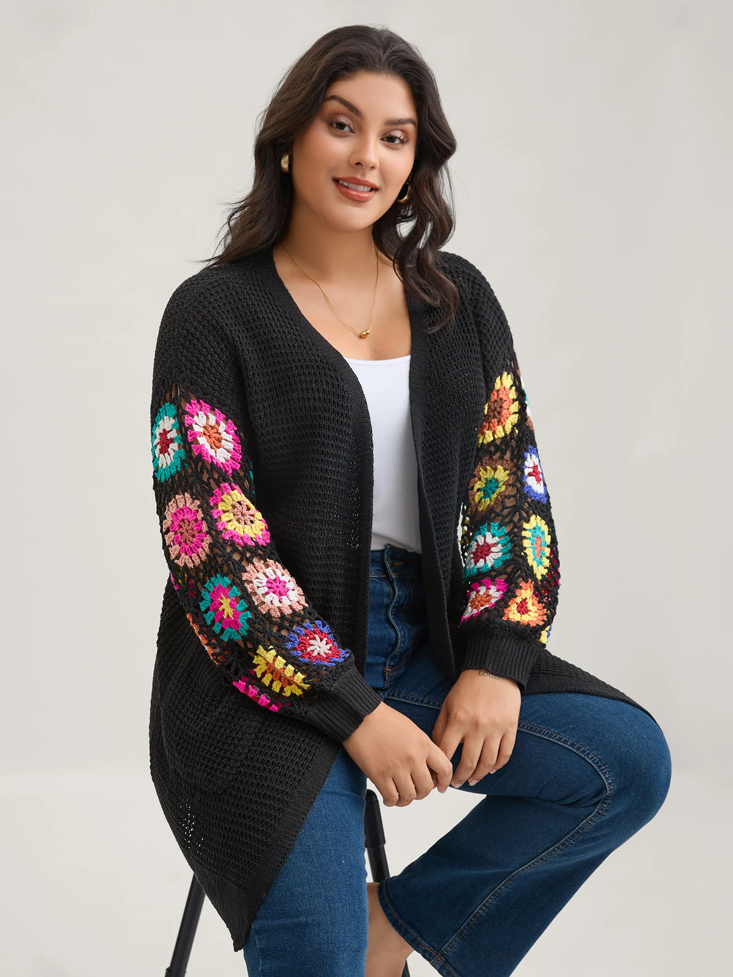 Crochet Floral Drop Shoulder Cut Out Cardigan