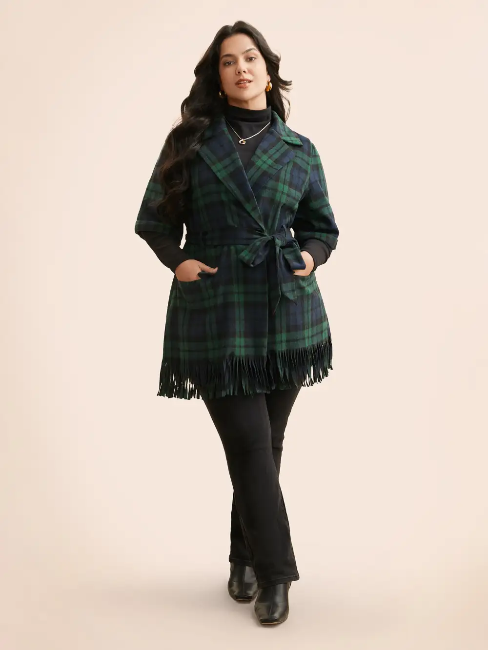 Plaid Tassel Trim Pocket Belted Jacket