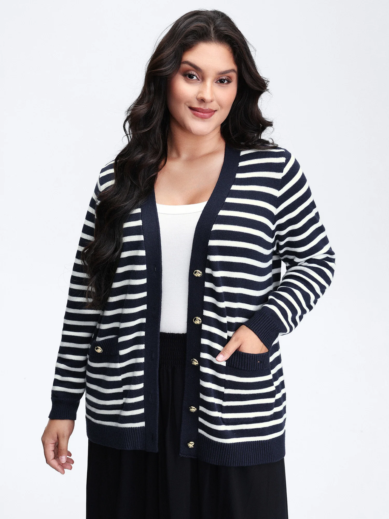 Wool-Blend Stripe Button Pockets Knit Cardigan