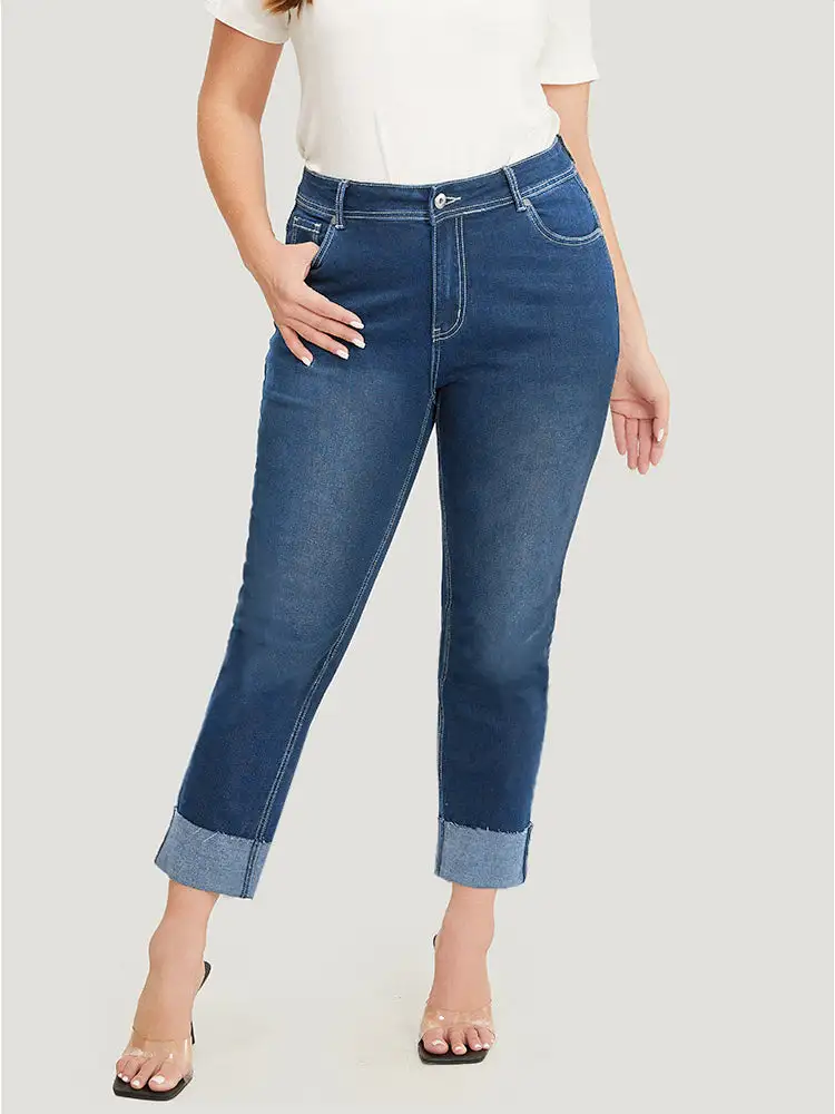 Straight Leg Very Stretchy High Rise Dark Wash Roll Hem Jeans