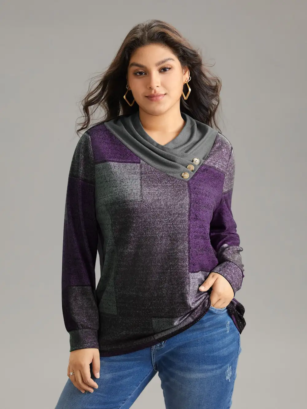 Asymmetrical Colorblock Button Detail Pleated T-Shirt